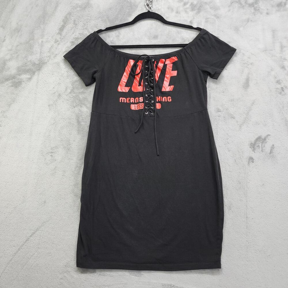 Forever‎ 21 Dress Plus Size 0X Black Red Love Corset Lace Up Tie Front Bodycon